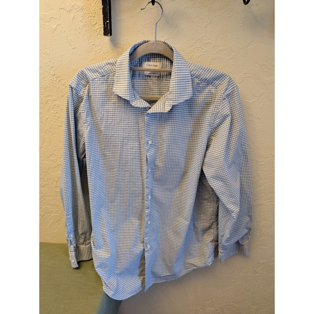 Calvin Klein Mens Slim Fit Stretch Gingham Dress Shirt Size L Blue White